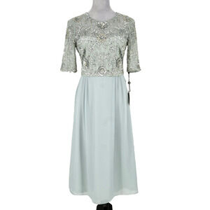 Adrianna Papell Dress Womens 6 Blue Silver Midi Gown Mesh Top Sequins Beads New